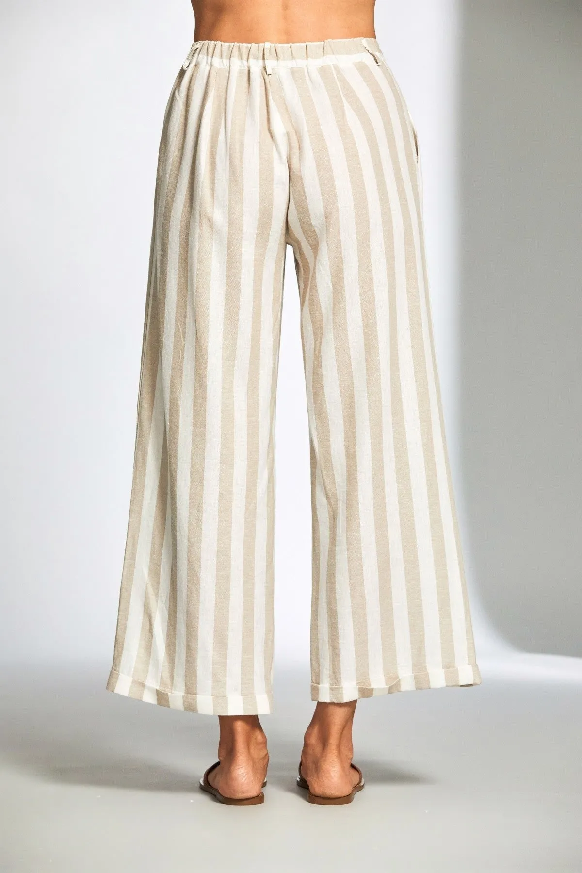 Beige Stripe Linen Wide Leg Trousers