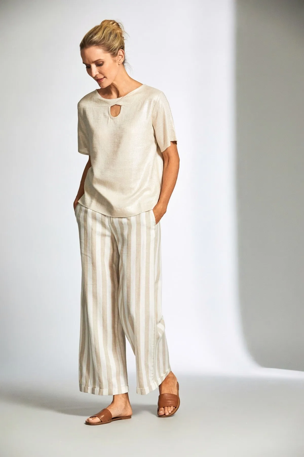 Beige Stripe Linen Wide Leg Trousers