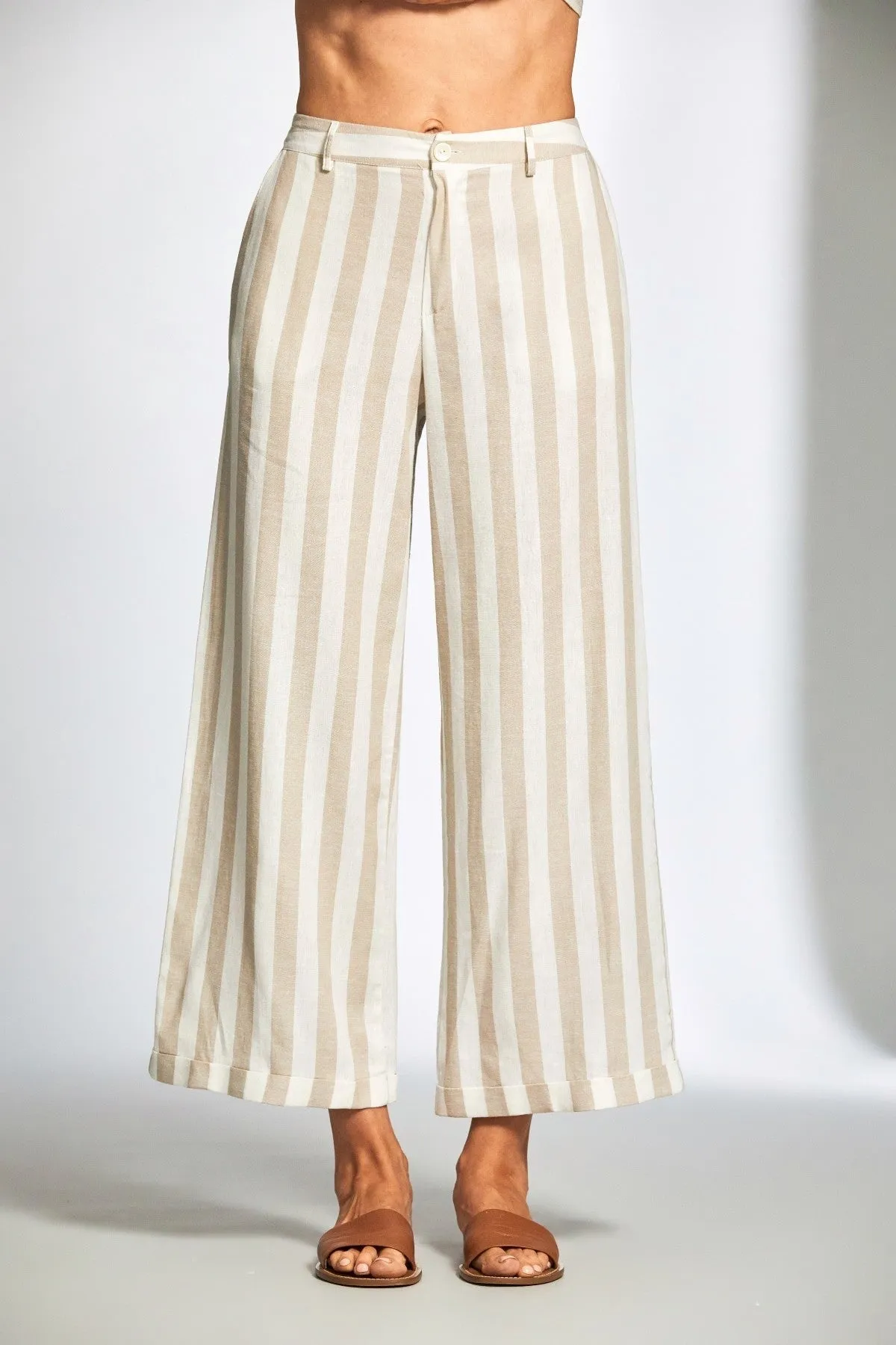 Beige Stripe Linen Wide Leg Trousers