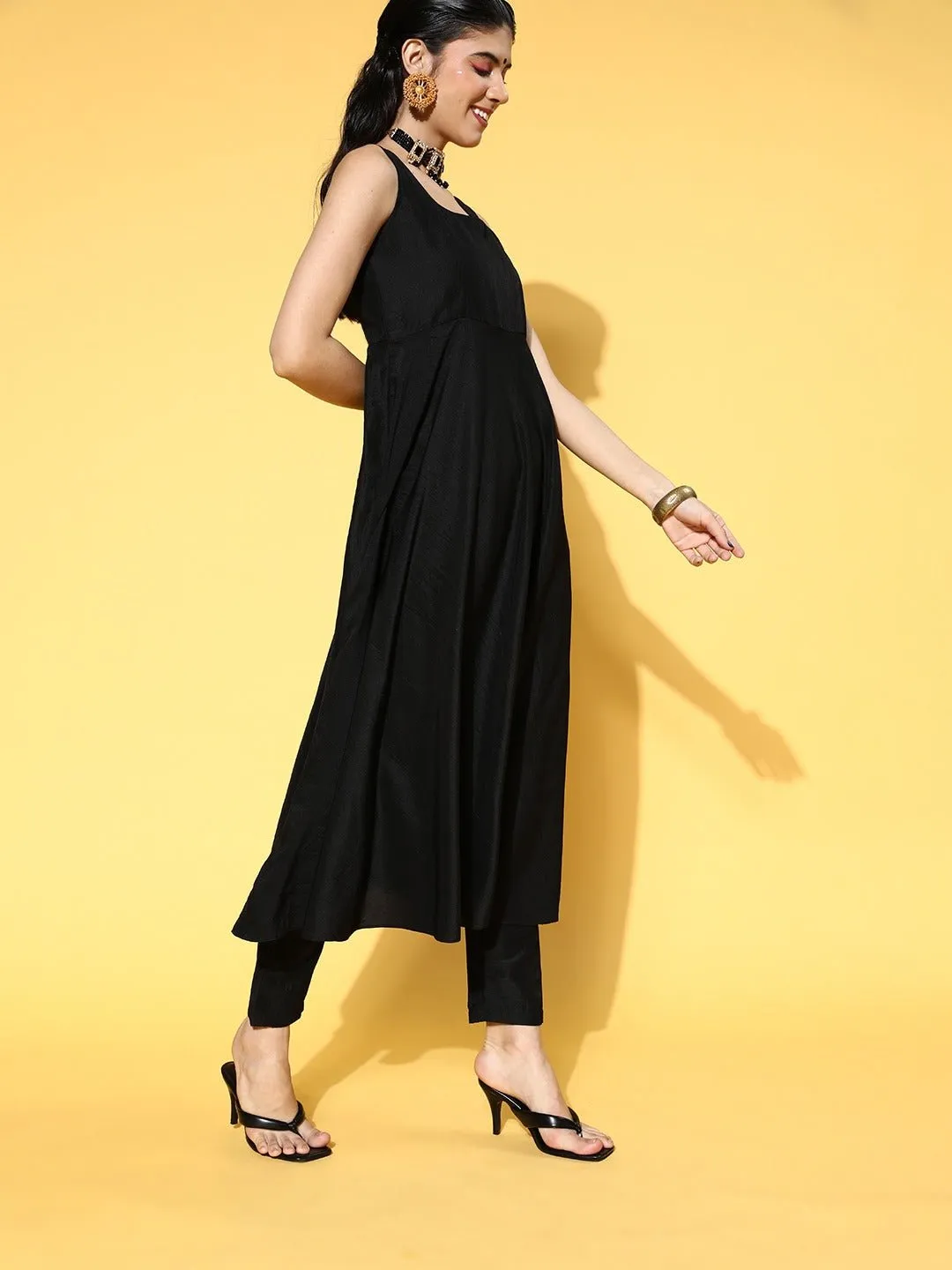 Black Solid Kurta with Trousers & Self Design Dupatta