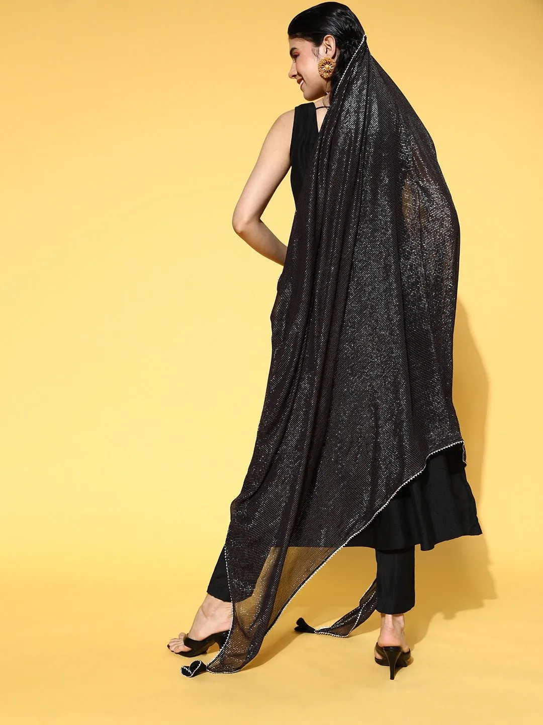 Black Solid Kurta with Trousers & Self Design Dupatta