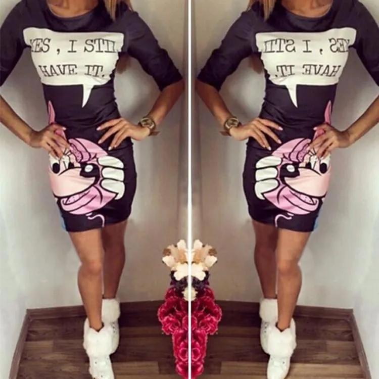 Cartoon Print Mid Sleeves Bodycon Dress