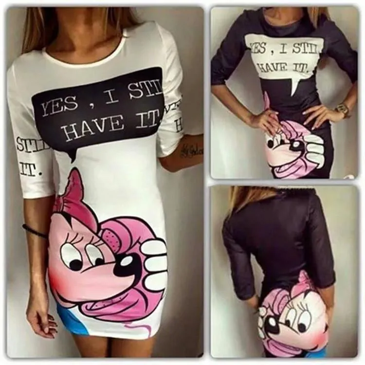Cartoon Print Mid Sleeves Bodycon Dress