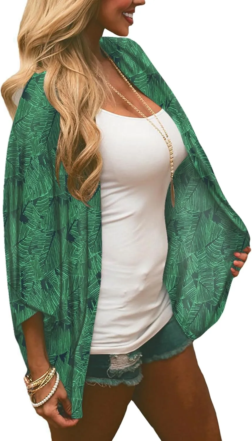 Chunoy Women Floral Print Lightweight Chiffon Kimono Cardigan Short Sleeve Loose Beach Wear Cover Up Blouse Top