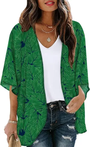 Chunoy Women Floral Print Lightweight Chiffon Kimono Cardigan Short Sleeve Loose Beach Wear Cover Up Blouse Top