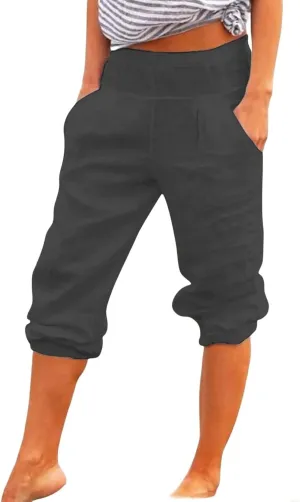 Cotton Linen Capri Pants for Women Casual Summer Loose Comfy Trendy Elastic Waist Cropped Trouser with Pockets