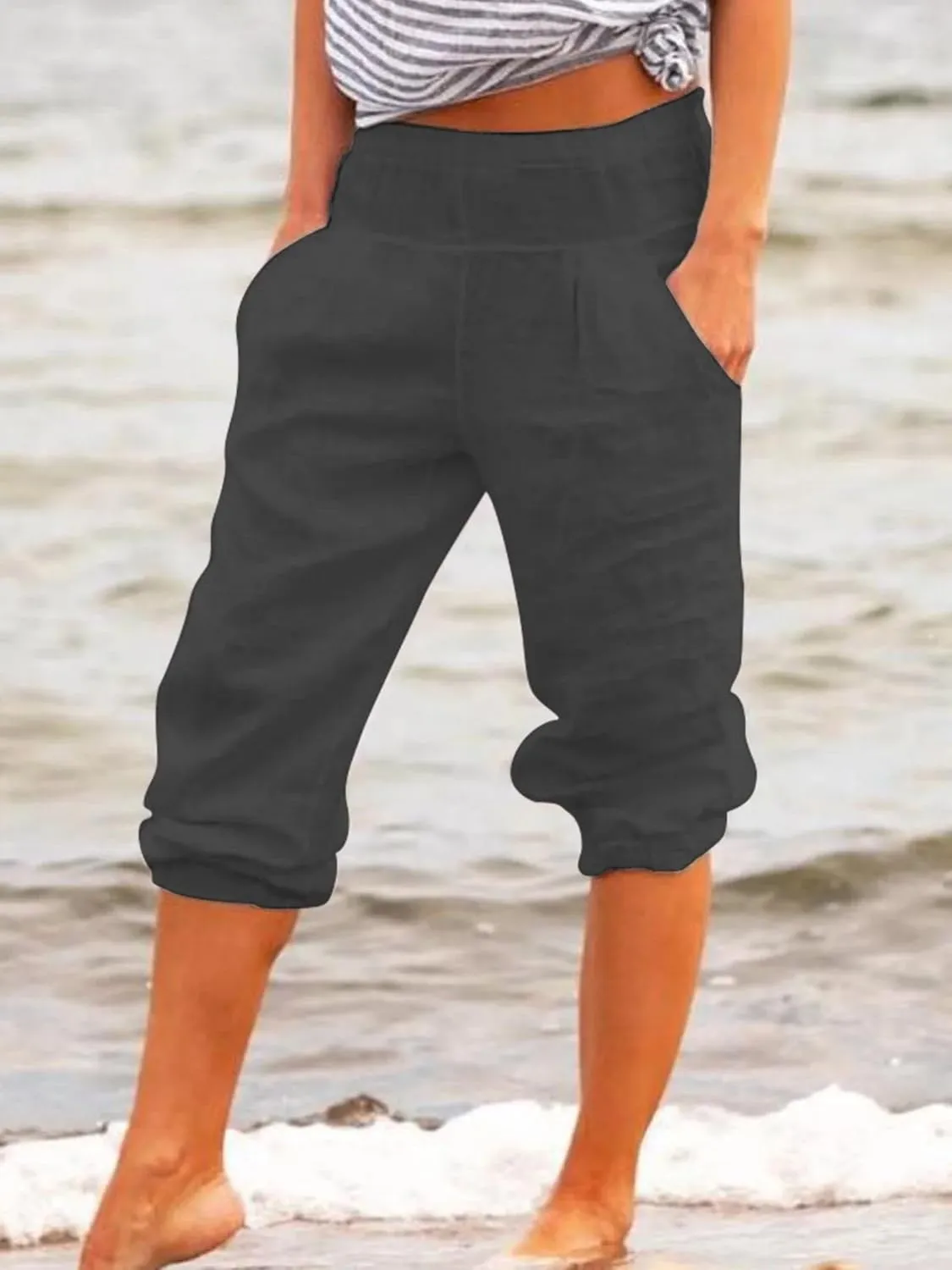 Cotton Linen Capri Pants for Women Casual Summer Loose Comfy Trendy Elastic Waist Cropped Trouser with Pockets