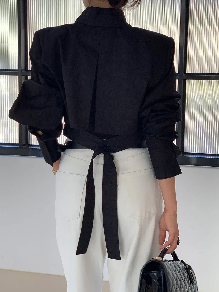 Cutout Back Tie Button Oversized Cropped Shirt