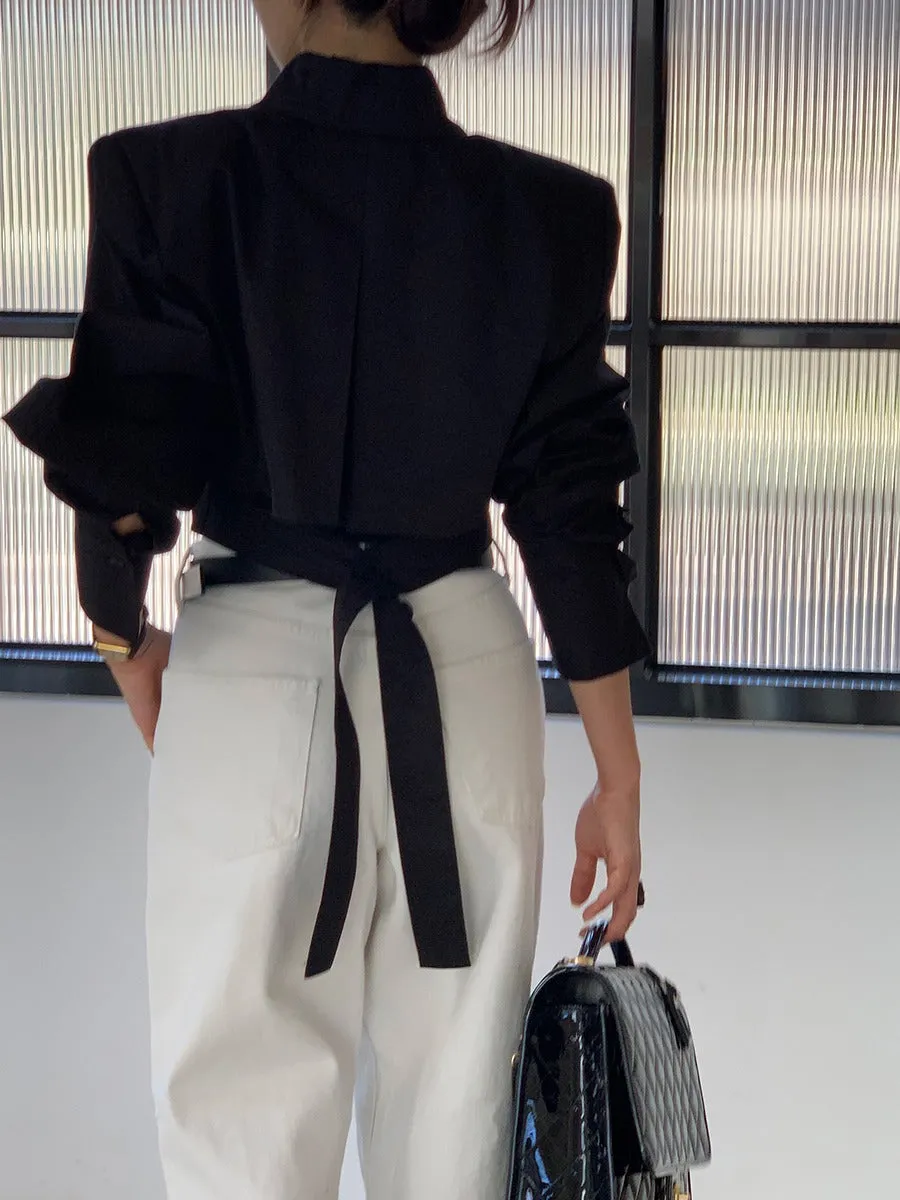 Cutout Back Tie Button Oversized Cropped Shirt