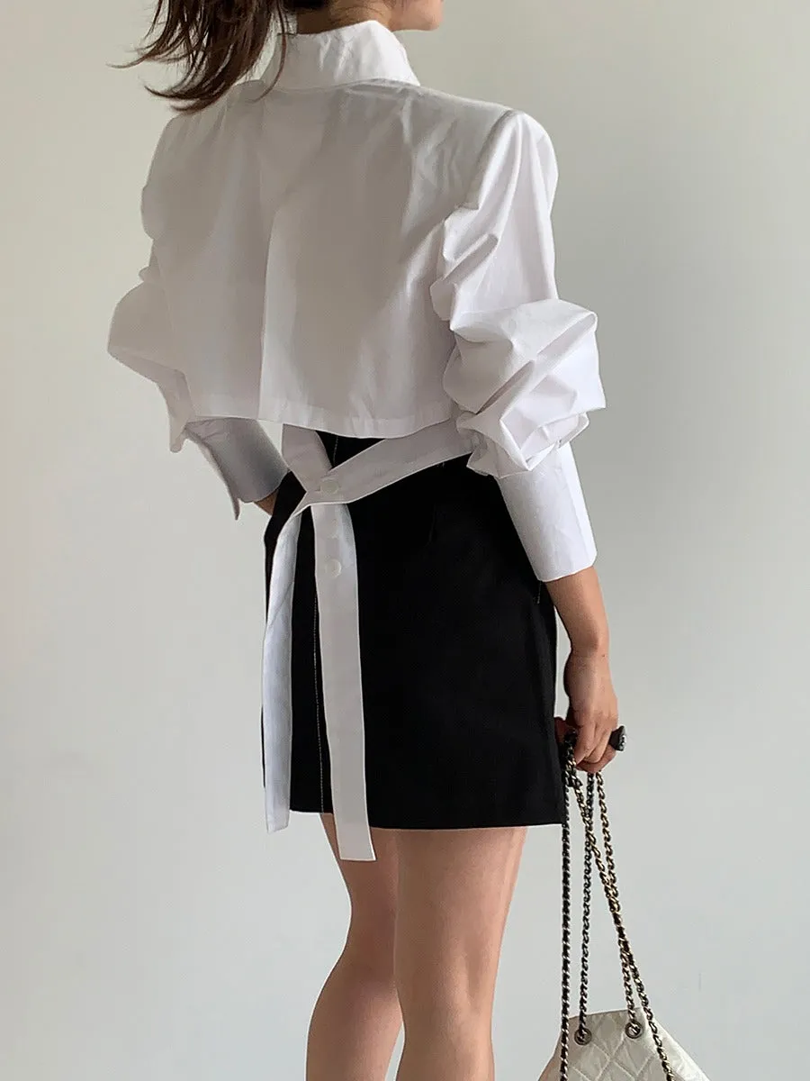 Cutout Back Tie Button Oversized Cropped Shirt