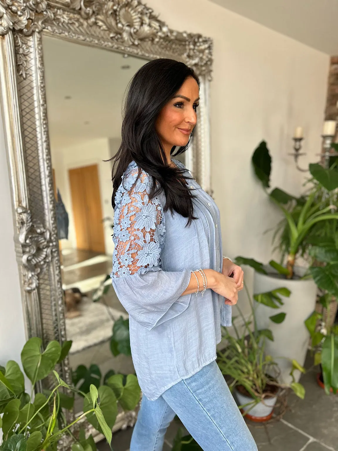 Denim Floral Lace Button Top Rosie