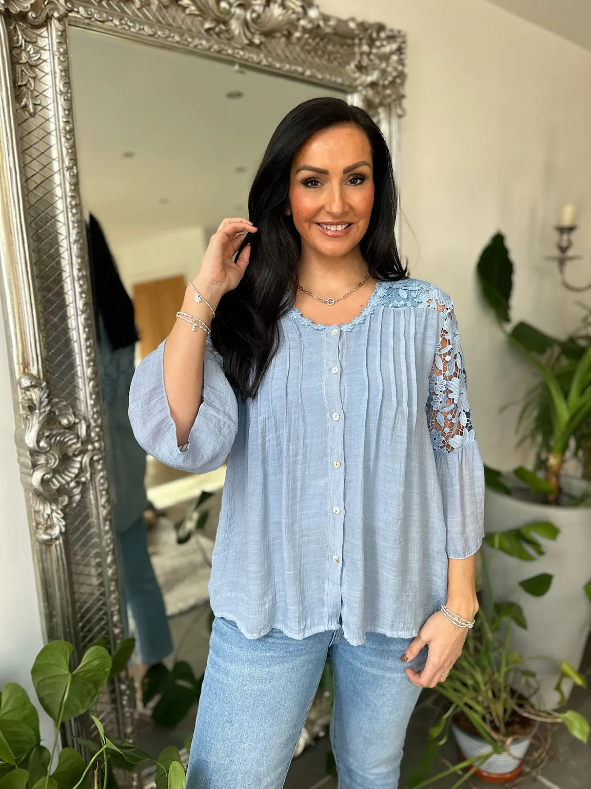 Denim Floral Lace Button Top Rosie