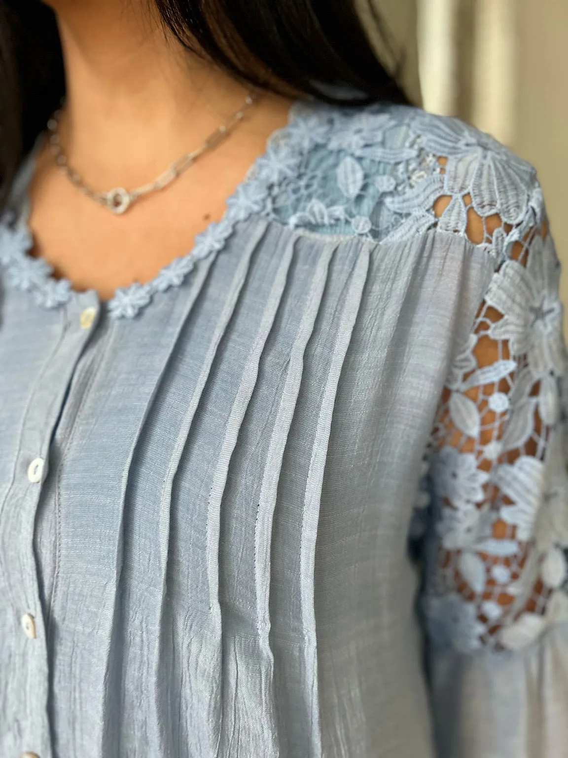 Denim Floral Lace Button Top Rosie
