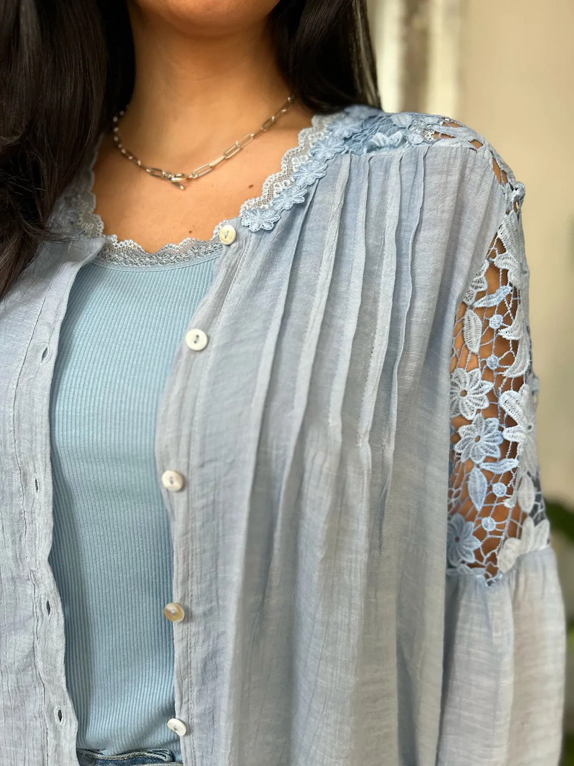 Denim Floral Lace Button Top Rosie