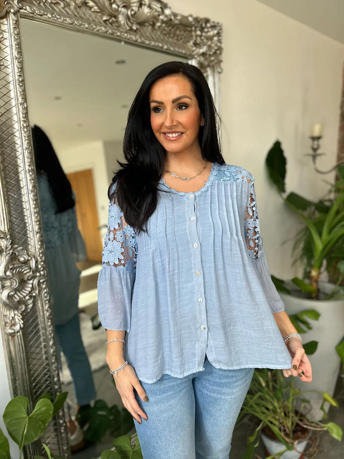 Denim Floral Lace Button Top Rosie