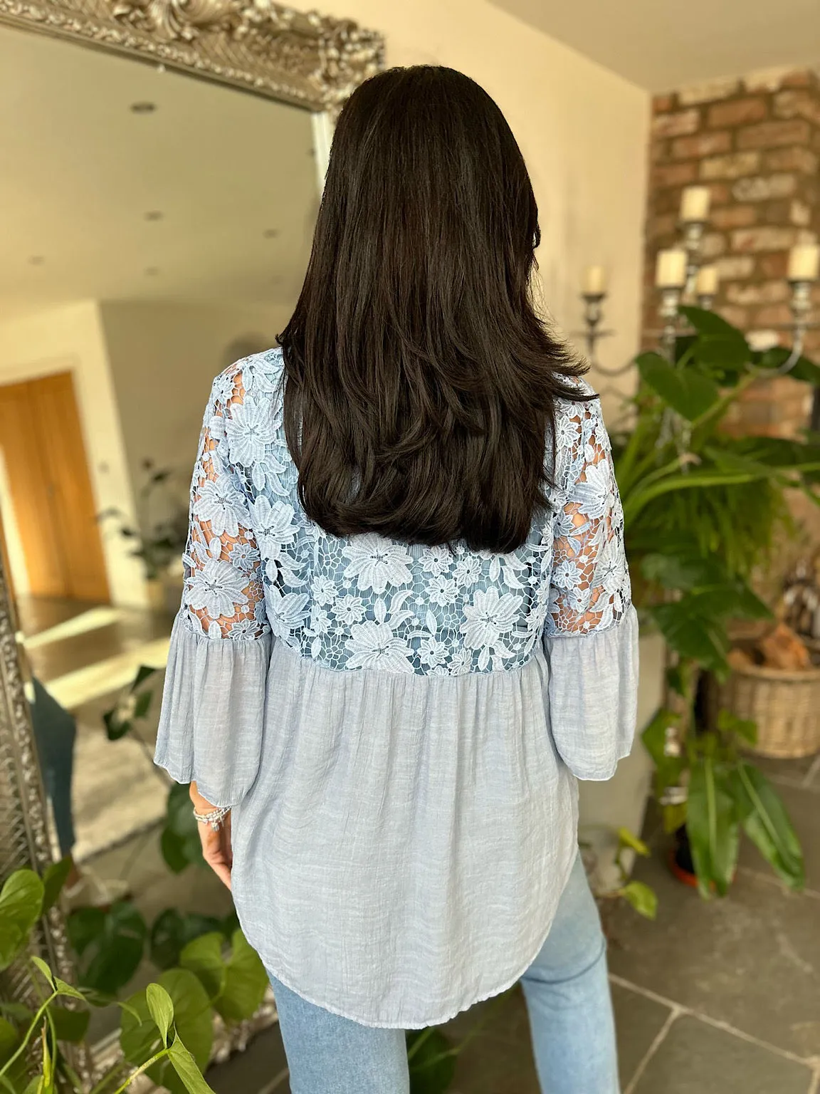 Denim Floral Lace Button Top Rosie
