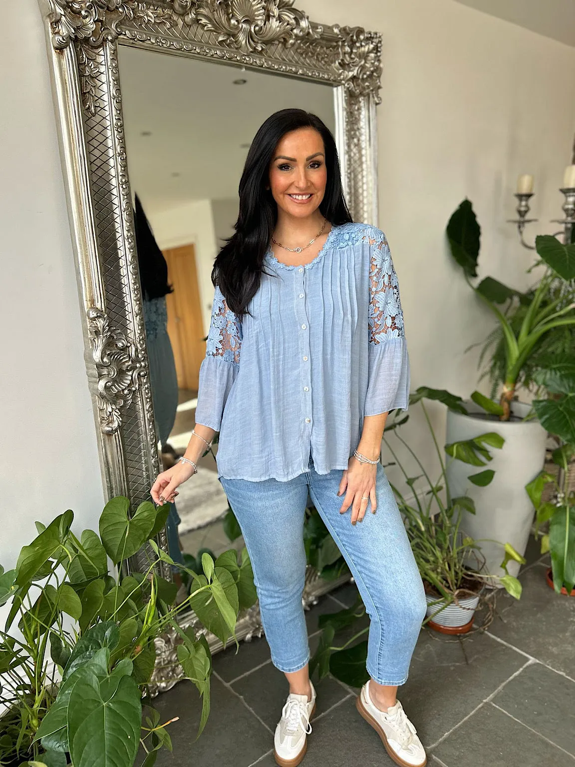 Denim Floral Lace Button Top Rosie