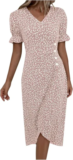 Dresses for Women Summer Boho Floral Print V Neck Maxi Wrap Dress Ruffle A-Line Flowy Maxi Wedding Guest Dresses