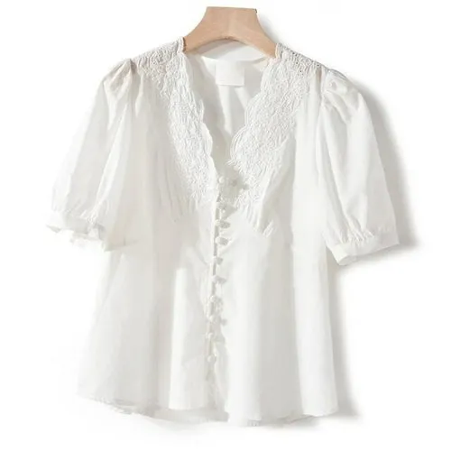 Elegant Lace Shirts Femme Puff Sleeve Vintage Button Up Hollow Out