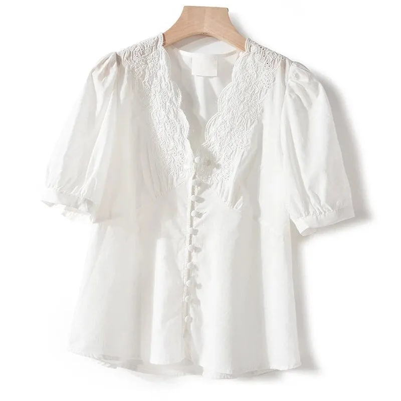 Elegant Lace Shirts Femme Puff Sleeve Vintage Button Up Hollow Out