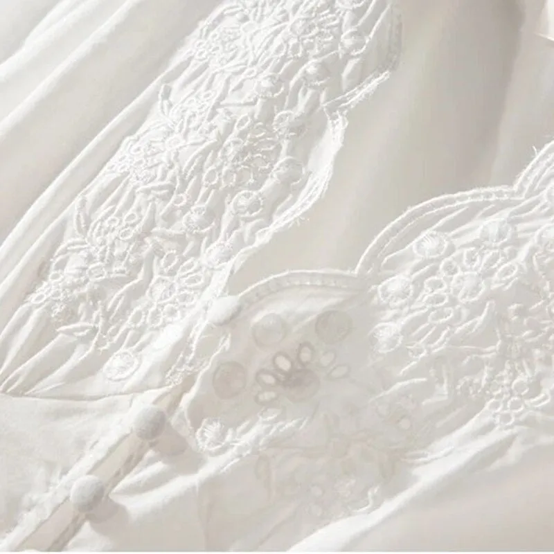 Elegant Lace Shirts Femme Puff Sleeve Vintage Button Up Hollow Out