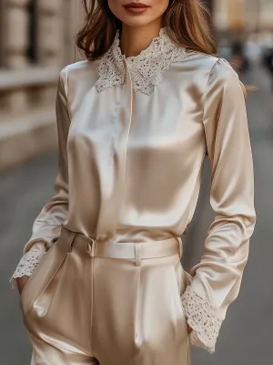 Elegant Satin Blouse with Lace Collar and Cuffs