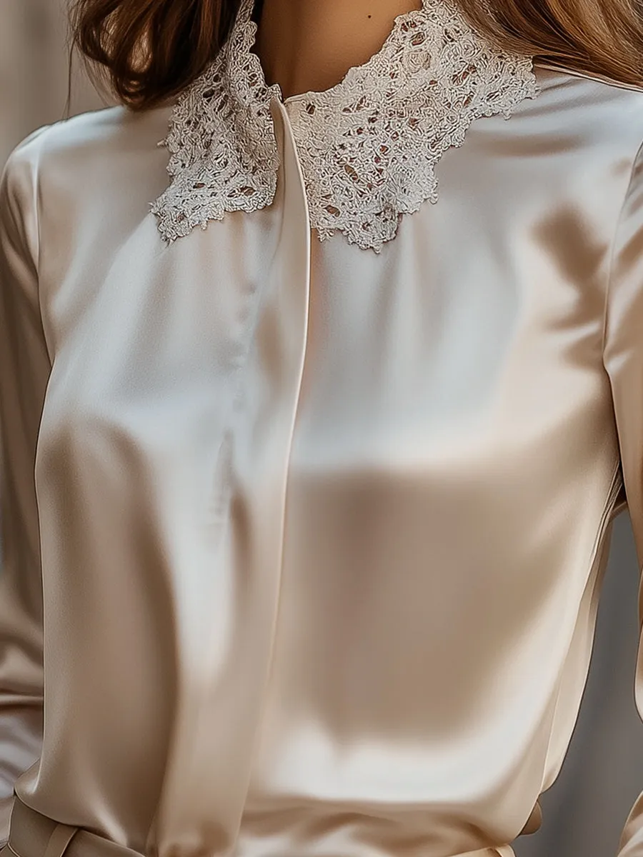 Elegant Satin Blouse with Lace Collar and Cuffs