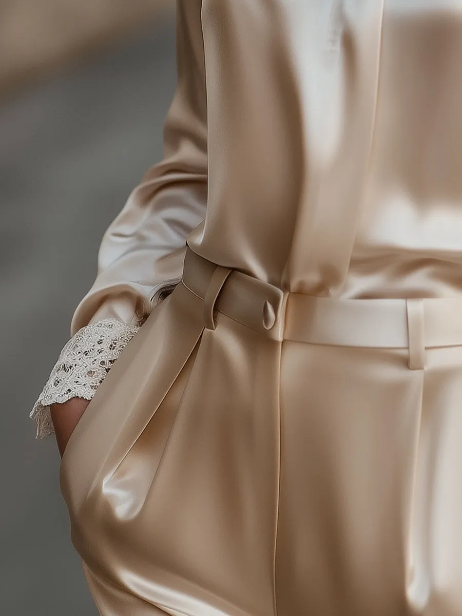 Elegant Satin Blouse with Lace Collar and Cuffs