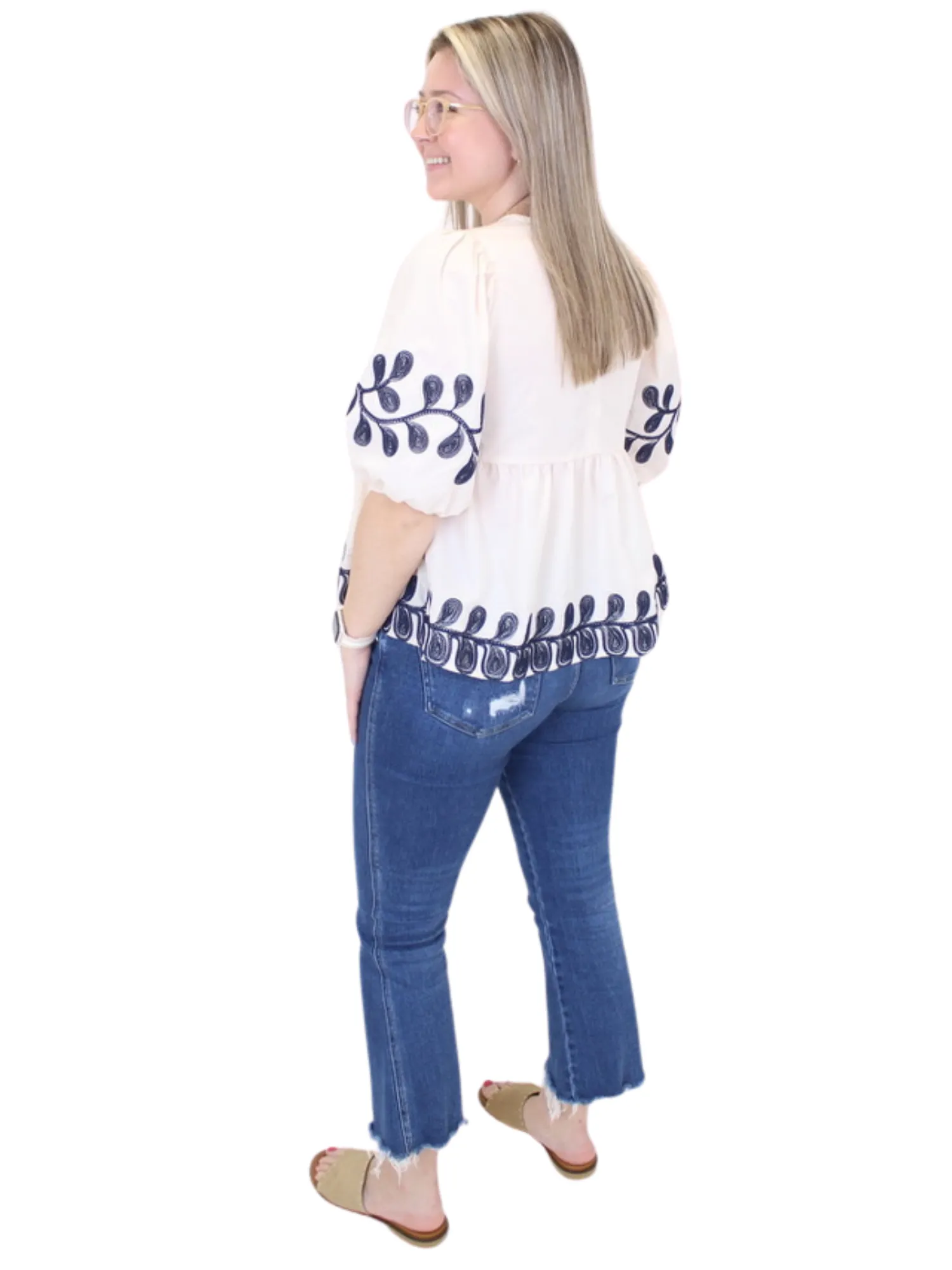 Embroidered Puff Sleeve Babydoll Top