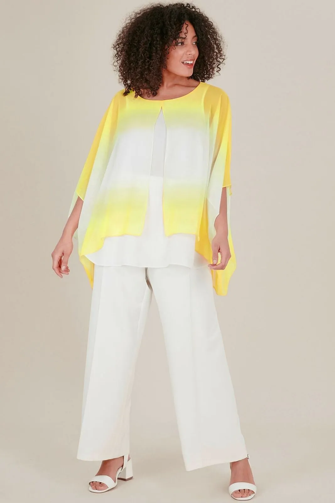 Ex Evans Yellow White Open Split Batwing Tunic Blouse