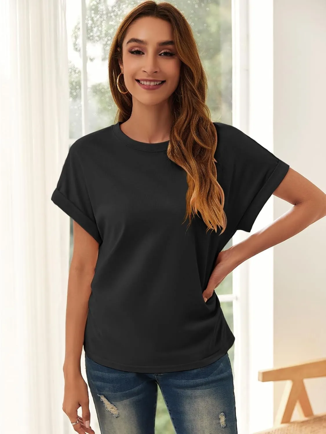 GeGekoko Women Short Sleeve Tshirts Crew Neck Basic Cotton Draped Tee Summer Ruched Side Top S-1L