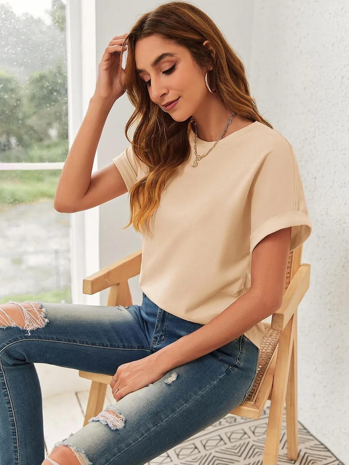 GeGekoko Women Short Sleeve Tshirts Crew Neck Basic Cotton Draped Tee Summer Ruched Side Top S-1L
