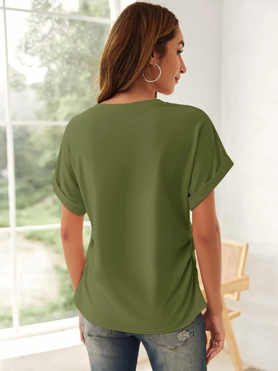 GeGekoko Women Short Sleeve Tshirts Crew Neck Basic Cotton Draped Tee Summer Ruched Side Top S-1L