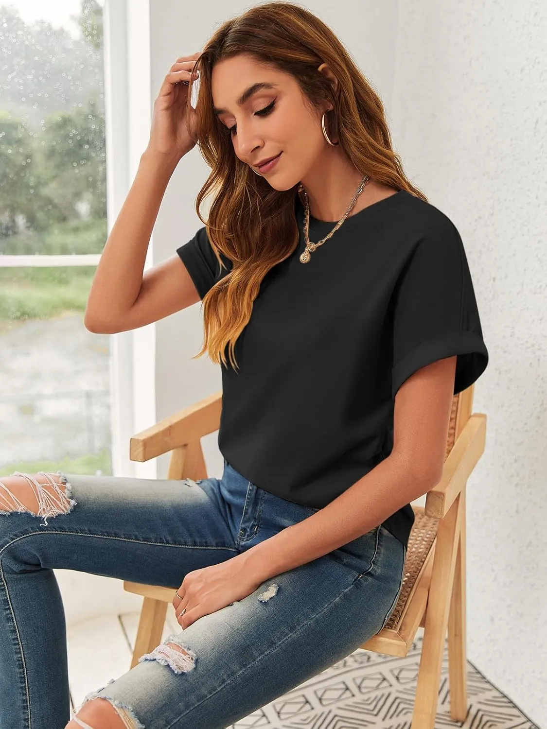 GeGekoko Women Short Sleeve Tshirts Crew Neck Basic Cotton Draped Tee Summer Ruched Side Top S-1L