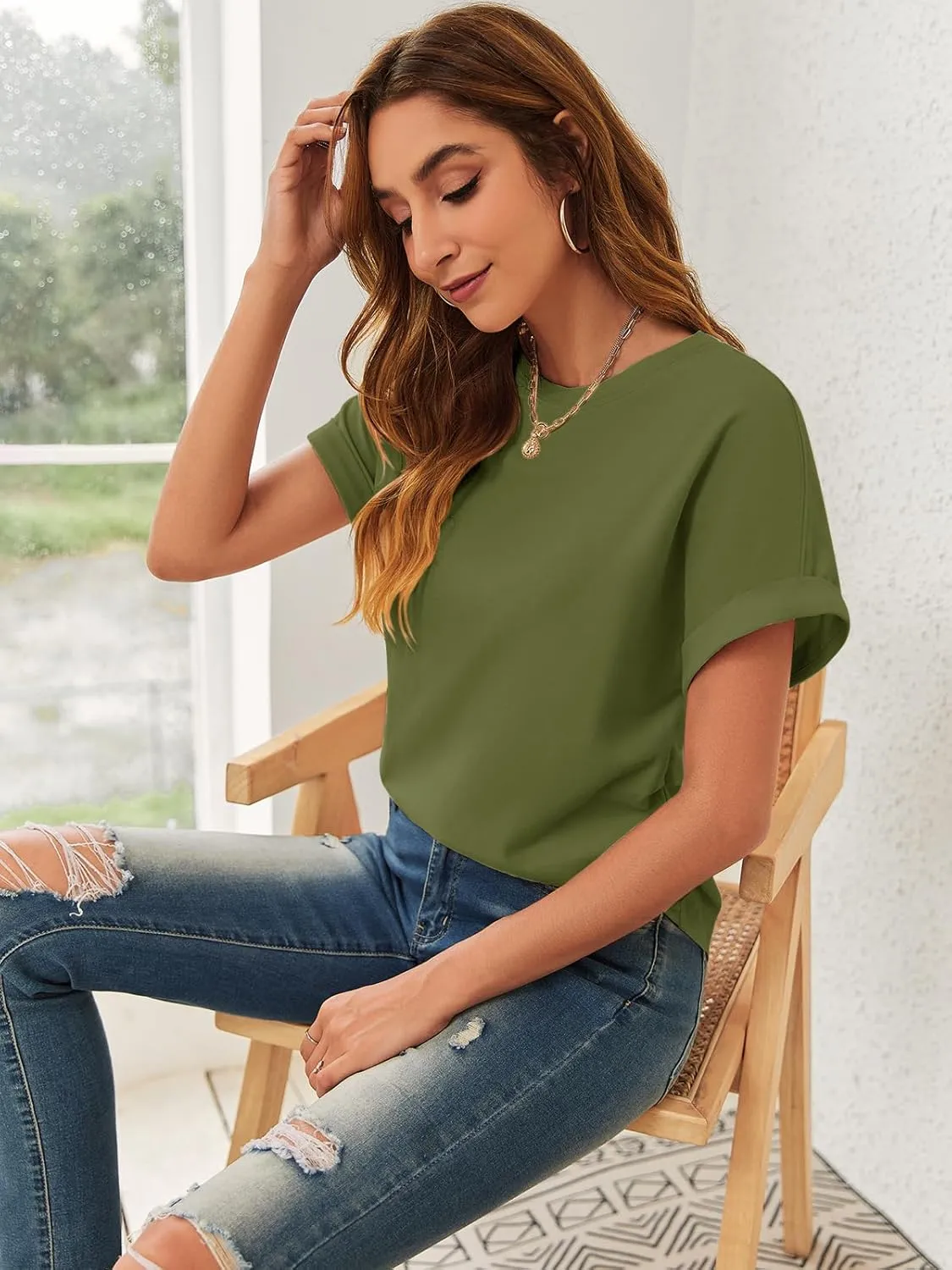 GeGekoko Women Short Sleeve Tshirts Crew Neck Basic Cotton Draped Tee Summer Ruched Side Top S-1L
