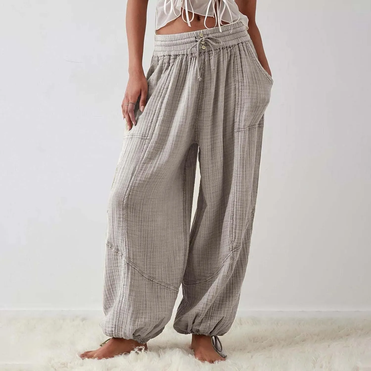 GIERIDUC Womens Casual Loose Fit Wide LegSummer Beach Drawstring Y2K Trendy Baggy Pants Trousers with Pockets