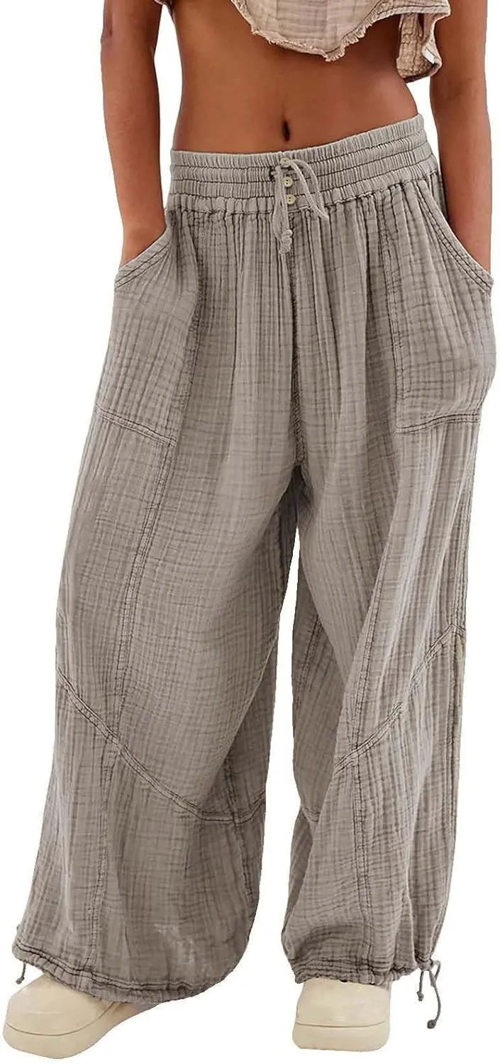 GIERIDUC Womens Casual Loose Fit Wide LegSummer Beach Drawstring Y2K Trendy Baggy Pants Trousers with Pockets
