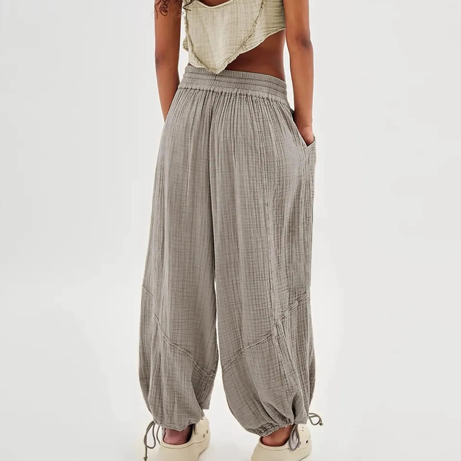 GIERIDUC Womens Casual Loose Fit Wide LegSummer Beach Drawstring Y2K Trendy Baggy Pants Trousers with Pockets