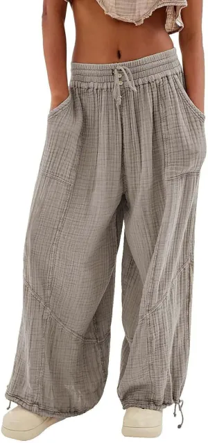 GIERIDUC Womens Casual Loose Fit Wide LegSummer Beach Drawstring Y2K Trendy Baggy Pants Trousers with Pockets