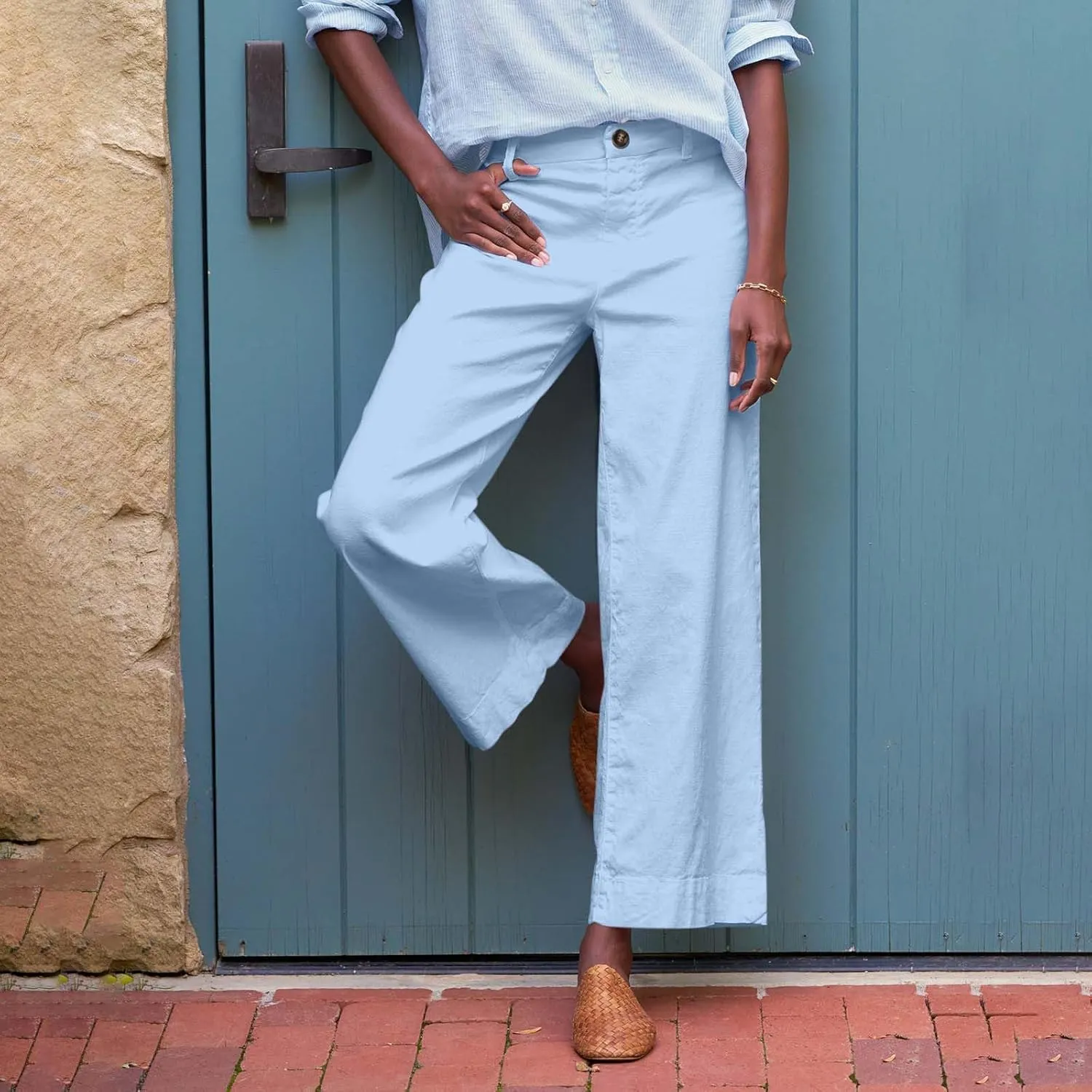 GOFULY Linen Palazzo Pants 2025 Vacation Summer Button Zipper Lounge Pants High Rise with Pocket Elegant Solid Beach Clothes