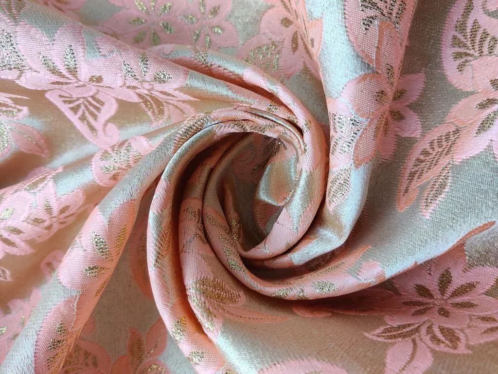 Golden Bright orange floral Motifs Brocade Fabric