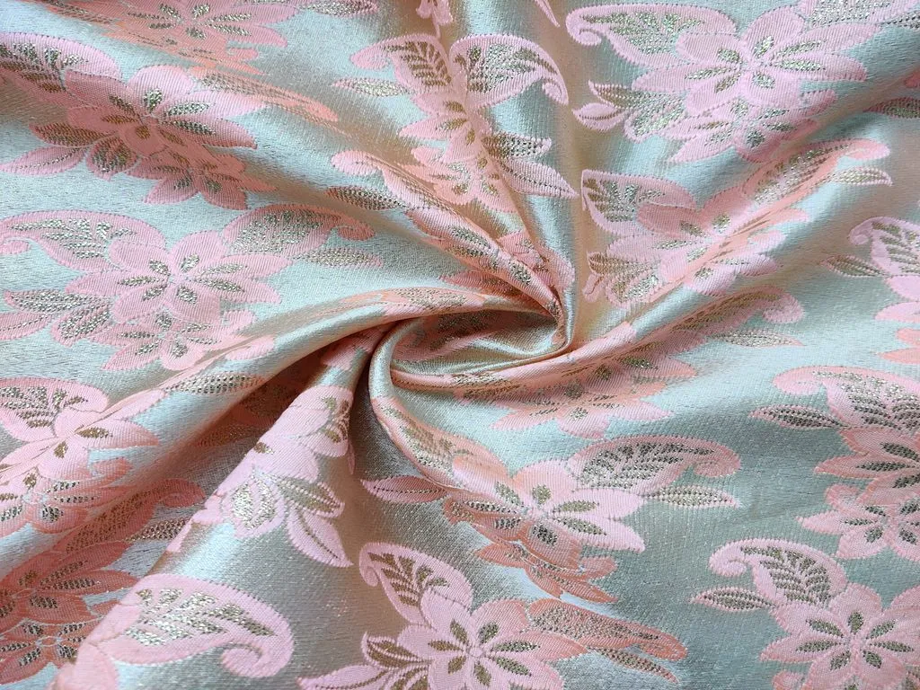 Golden Bright orange floral Motifs Brocade Fabric