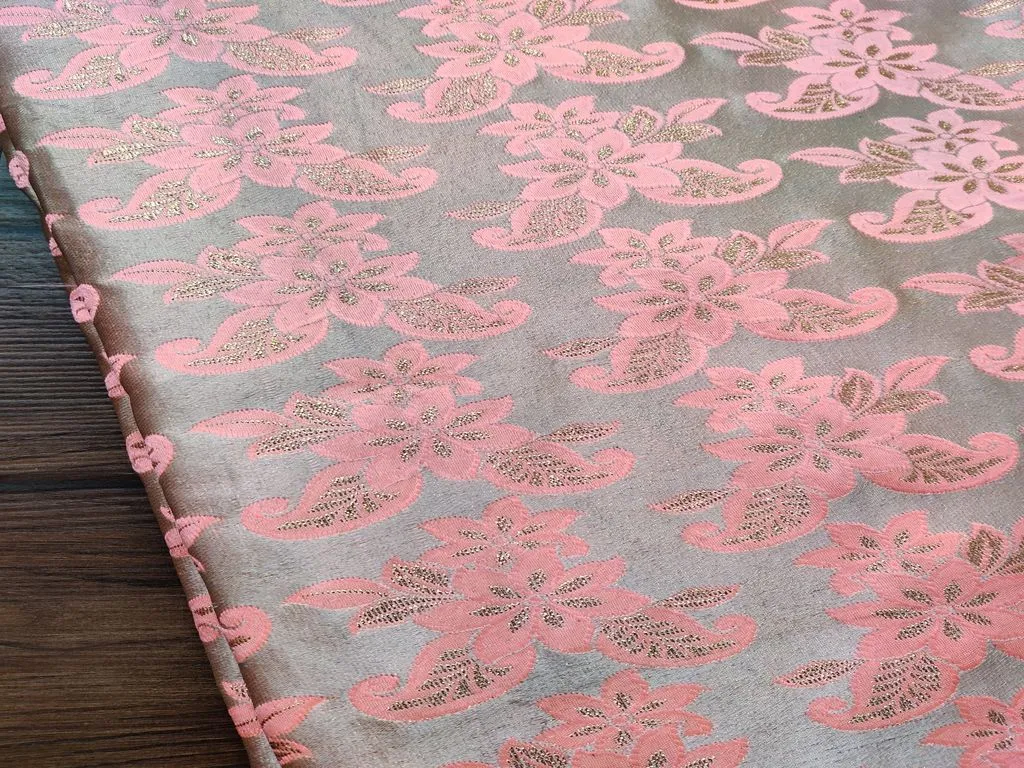 Golden Bright orange floral Motifs Brocade Fabric