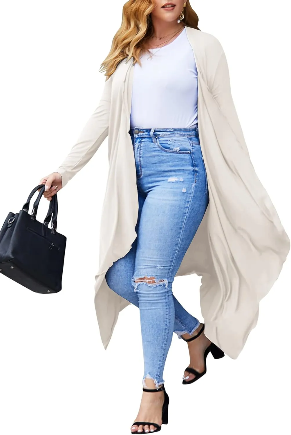 IN'VOLAND Women's Plus Size Cardigan Long Sleeve Open Front Drape Cardigans Lightweight Long DusterL-5XL