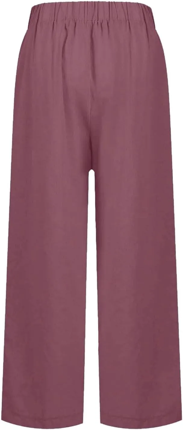 Lightweight Linen Pants for Women Summer Elastic Waisted Straight Leg Pants Casual Loose Fit Solid Color Trousers