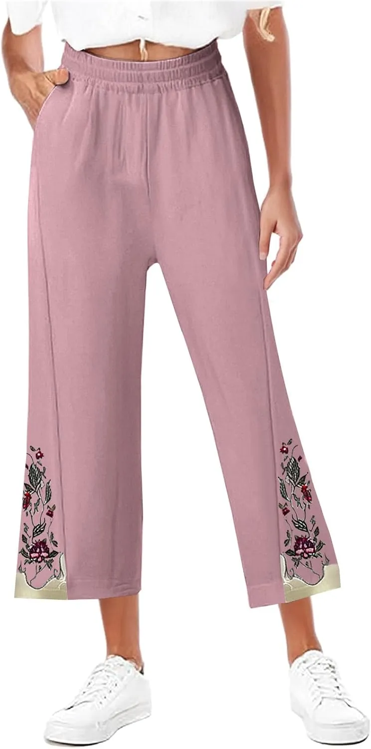 Lmdudan Cotton Linen Embroidery Capri Pants for Women Summer Elastic Waist Wide Leg Pant Lounge Beach Holiday Cropped Trouser