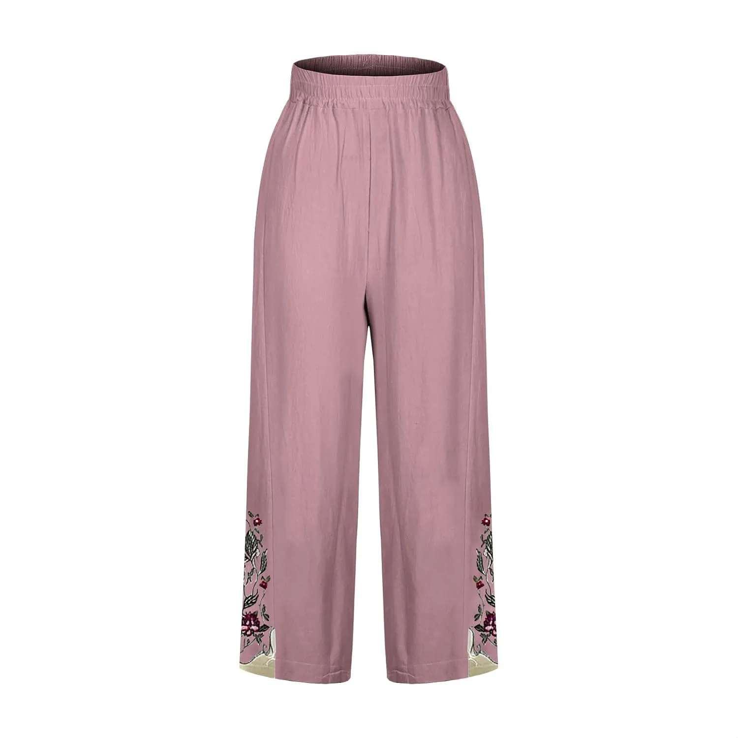 Lmdudan Cotton Linen Embroidery Capri Pants for Women Summer Elastic Waist Wide Leg Pant Lounge Beach Holiday Cropped Trouser