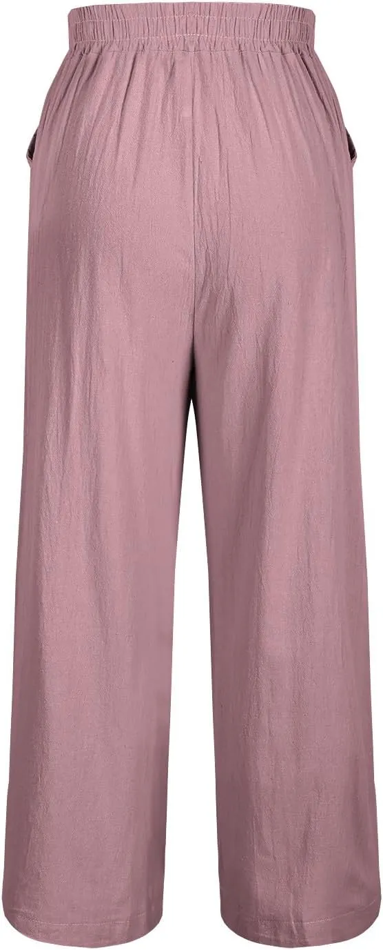 Lmdudan Cotton Linen Embroidery Capri Pants for Women Summer Elastic Waist Wide Leg Pant Lounge Beach Holiday Cropped Trouser