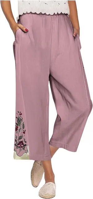 Lmdudan Cotton Linen Embroidery Capri Pants for Women Summer Elastic Waist Wide Leg Pant Lounge Beach Holiday Cropped Trouser