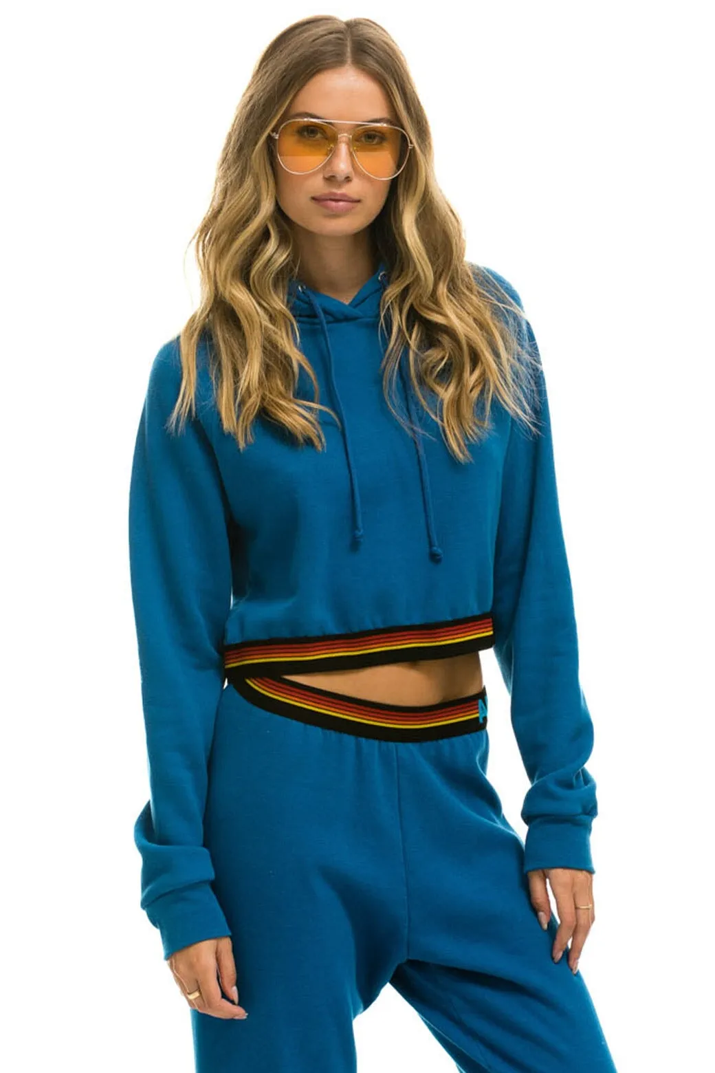 LOGO STRIPE CROP PULLOVER HOODIE - CARIBBEAN
